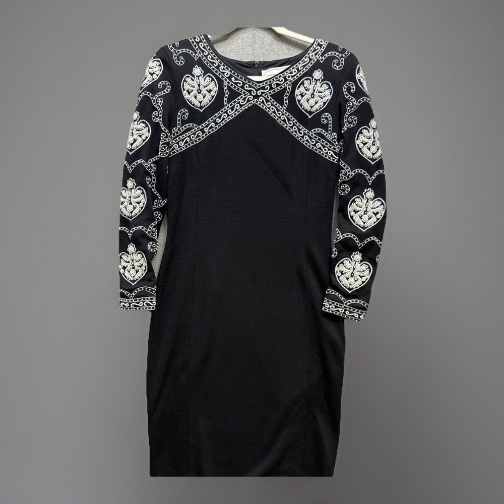 Vtg 80S Adrienne Vittadini Black Sheath White Pearl Beaded Dress Elegant Women 4 - Picture 1 of 12